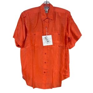 NWT Vintage Women Orange Washable Silk Short Sleeve Button Up Shirt Frenchic MED
